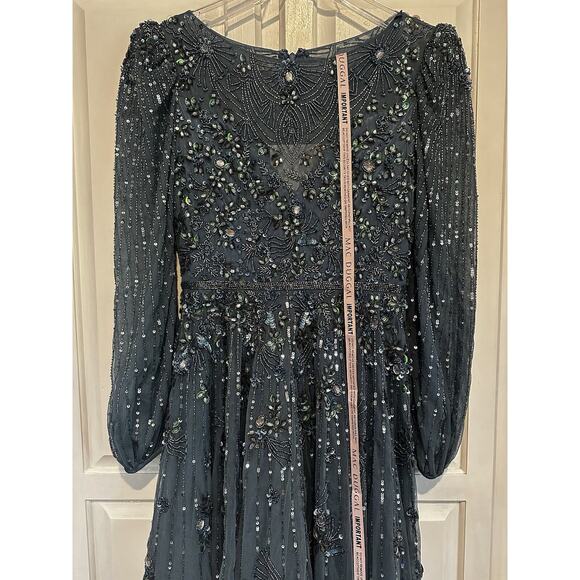 NWT Mac Duggal High Neck Size 6 Floral Embellished Puff Long Sleeve Midi Dress - Picture 7 of 16